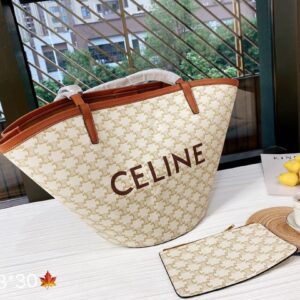 CELINE SMALL BUCKET IN TRIOMPHE CANVAS AND CALFSKIN WHITE