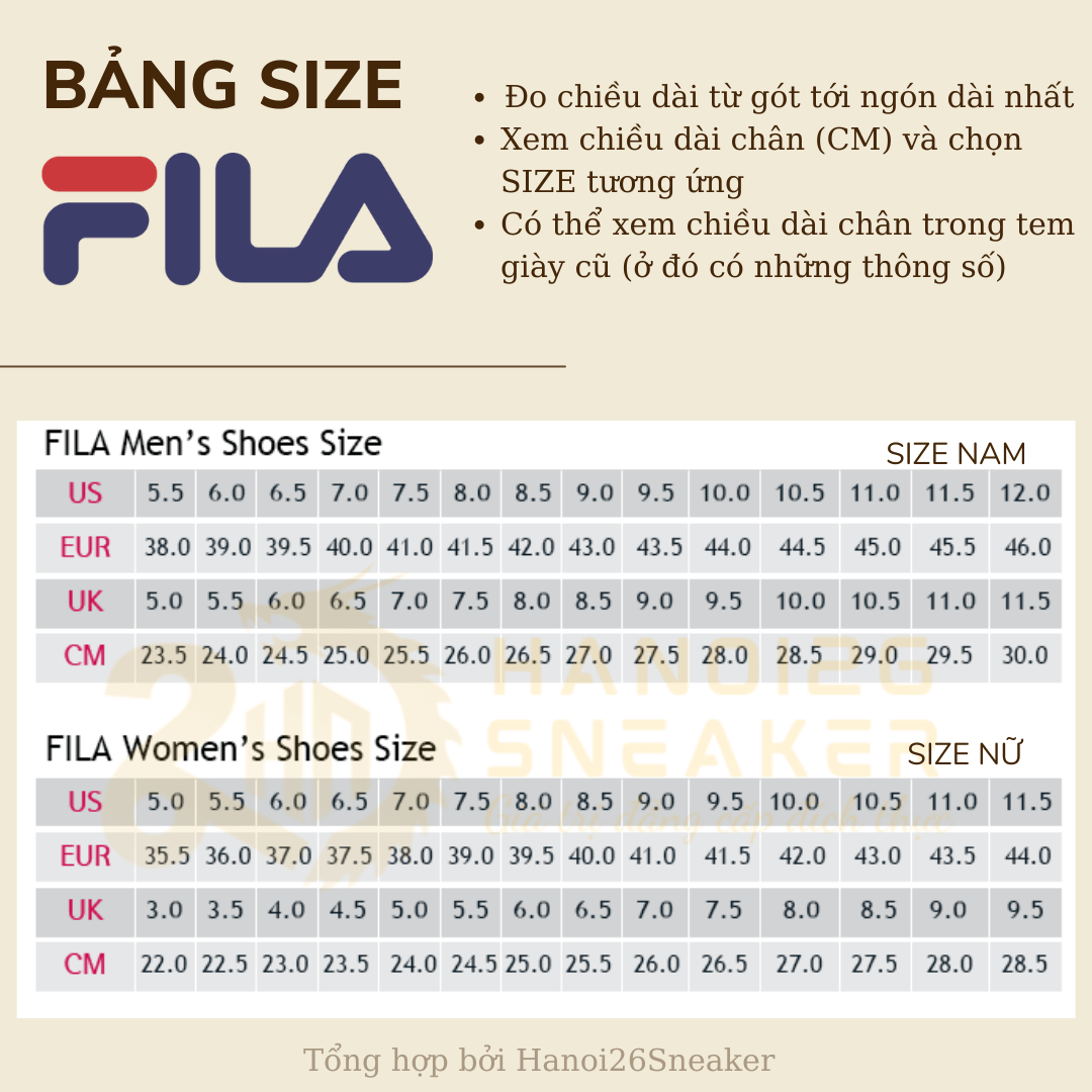 Bảng Size Giày FILA