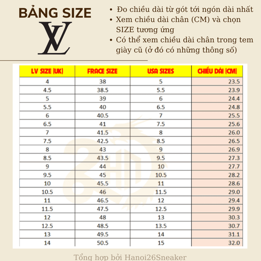 Bảng Size Giày LOUIS VUITTON   SIZE LV SHOES