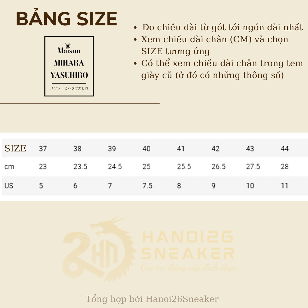 Bảng Size Giày MIHARA YASUHIRO