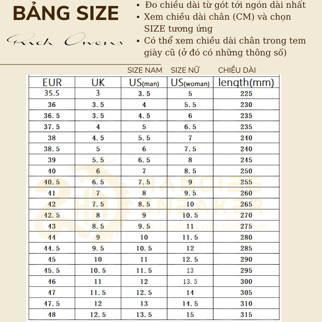 Bảng Size Giày RICKOWENS (RO)
