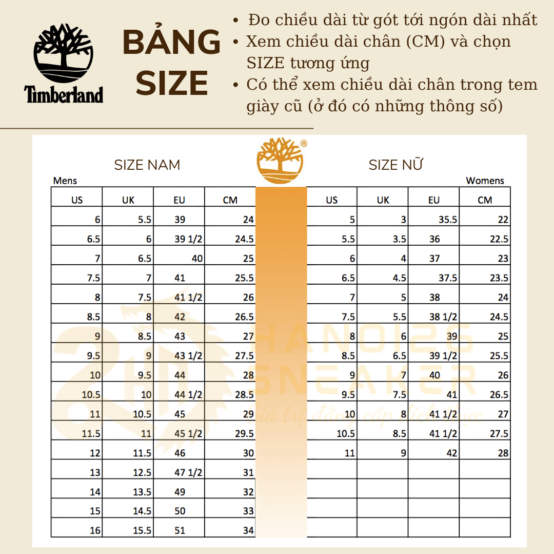 Bảng Size Giày TIMBERLAND
