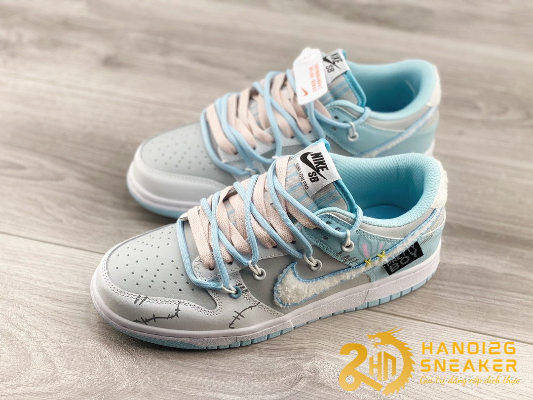 Giày Futura X Nike Dunk Low Fleece Swoosh Worn Blue (1)
